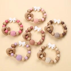 Fashion Teething Toys Wooden Heart Bracelet Wood Baby Bownot Silicone Beads Dummy Nipple Holder Teether Pendant Newborn Gifts