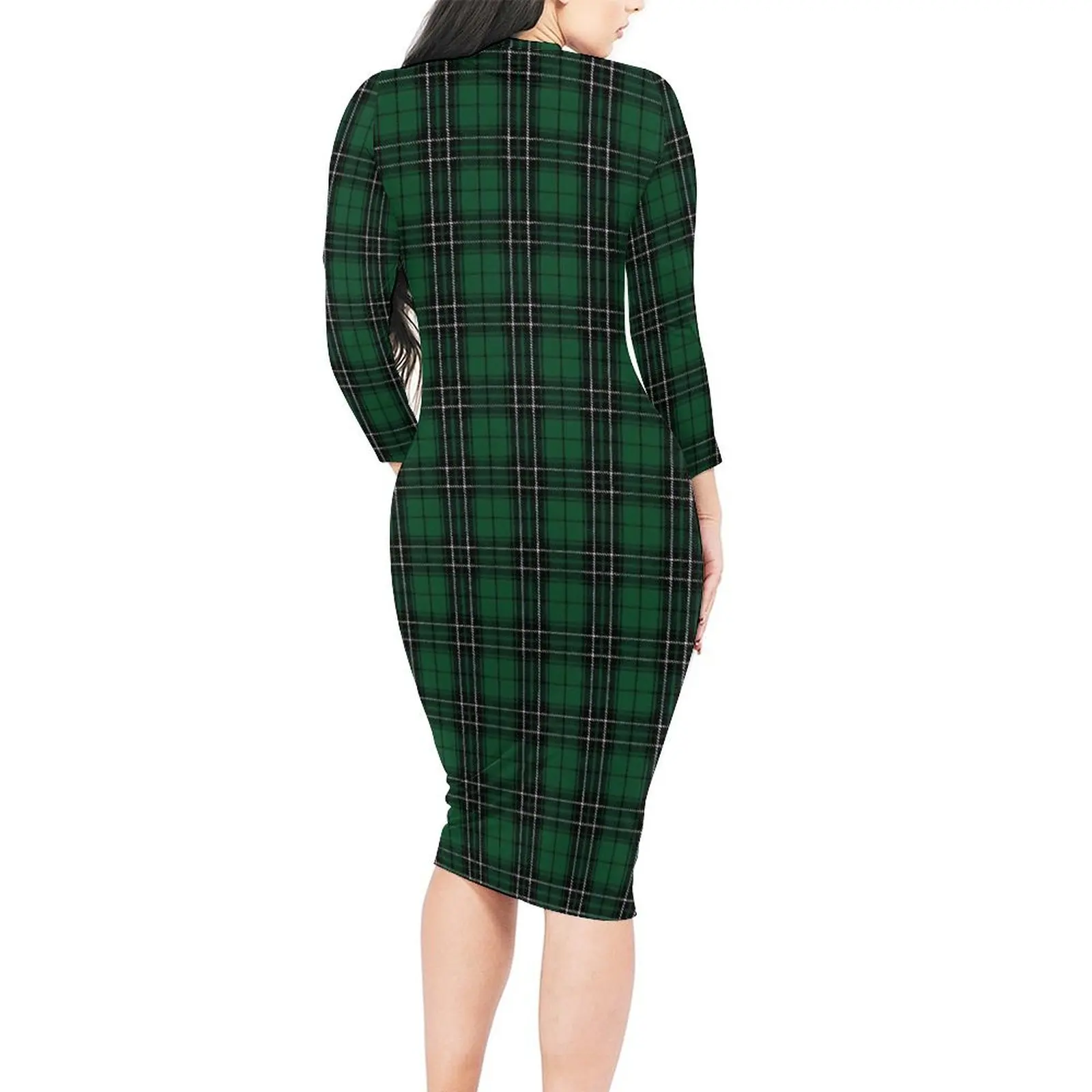 Vestido retrô bodycon xadrez para mulheres, manga comprida, verde e preto, vestidos estéticos, férias, design bonito, design feminino, vestidos de grandes dimensões