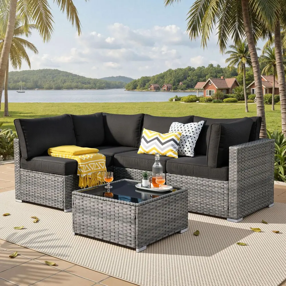 Outdoor 5 Piece Coversation Set with Coffee Table,Sectional Patio Furniture Set with AllWeather Wicker Sofa,Modern Outside Couc