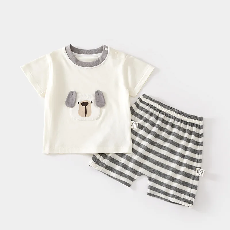 Baby Short-Sleeved T-shirt Suit Home Wear Thin Ice Skin Cotton Summer Children's Shoulder Open Shorts Loose Baby Outerwear 2