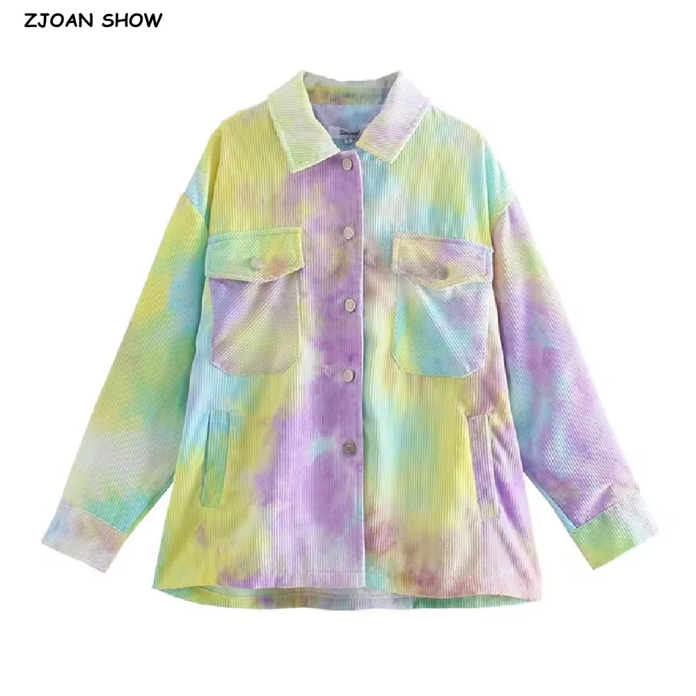 

New Spring Autumn Lapel Collar Tie-dye Print Corduroy Shirt Women Single-Breasted Buttons Long Sleeve Loose Blouses Femme Tops