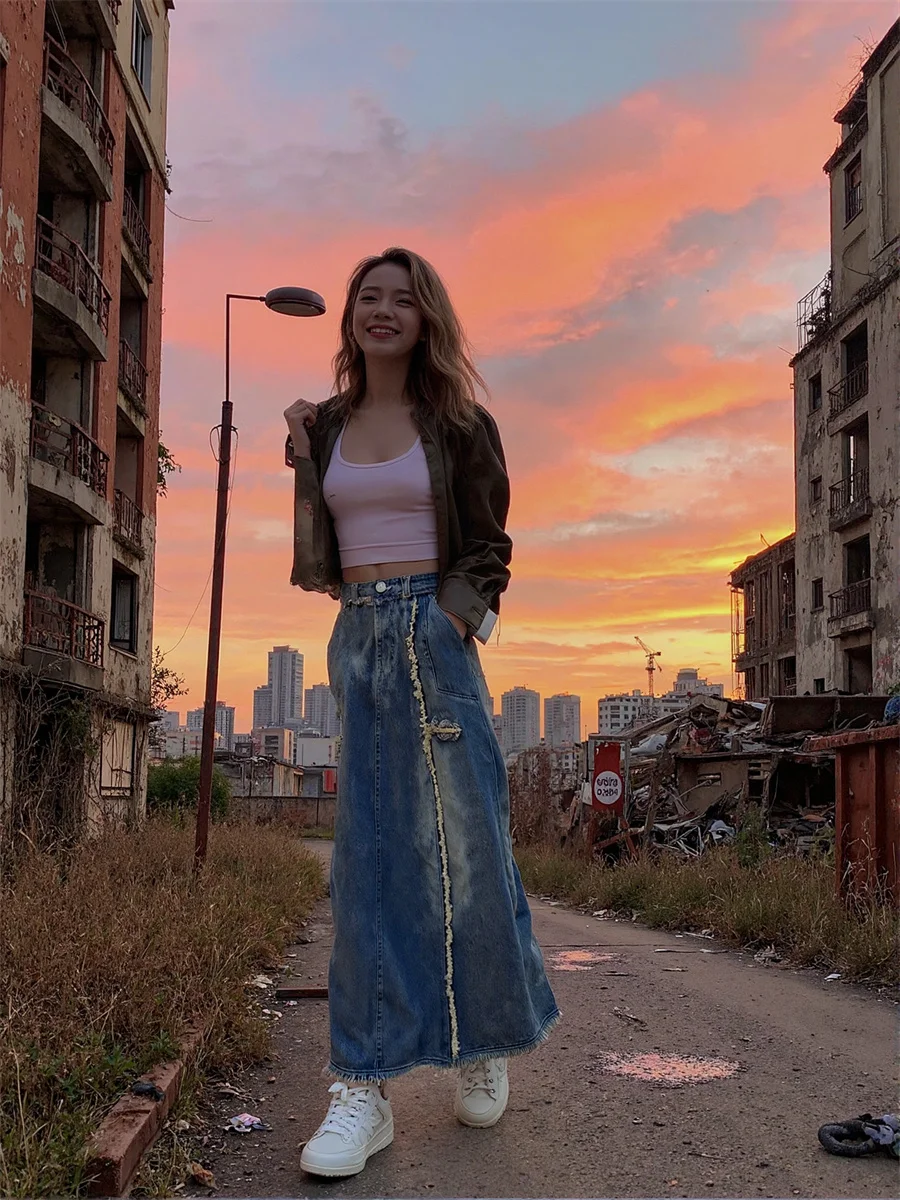 

Ankle length Denim Skirts Womens Buckled High Jacquard Flare Minimalist Artistic Modern Chic Elegant Feminina Unique Patchwork