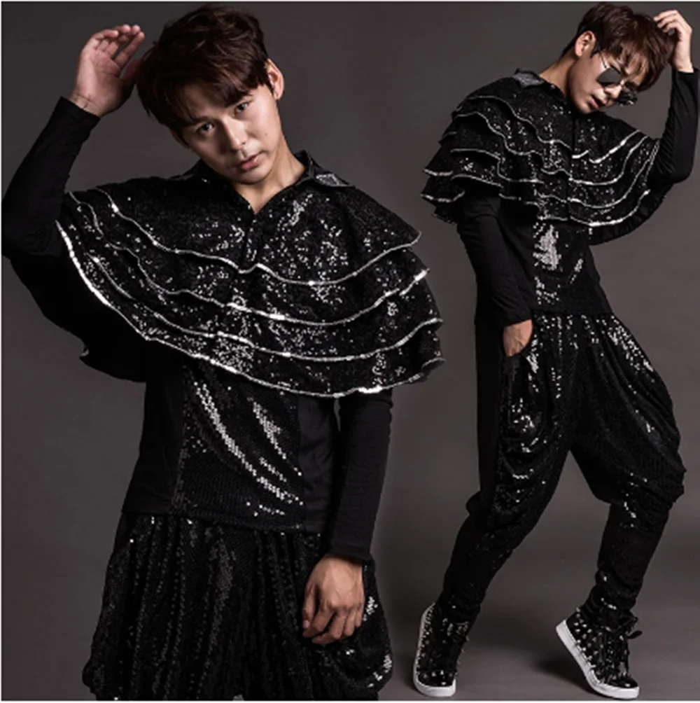 Hip Hop Dance Clothes Male Sequin Cloak Tops Pants Stage Costume Rave Festival Clothing Nightclub Gogo Dancer Outfit