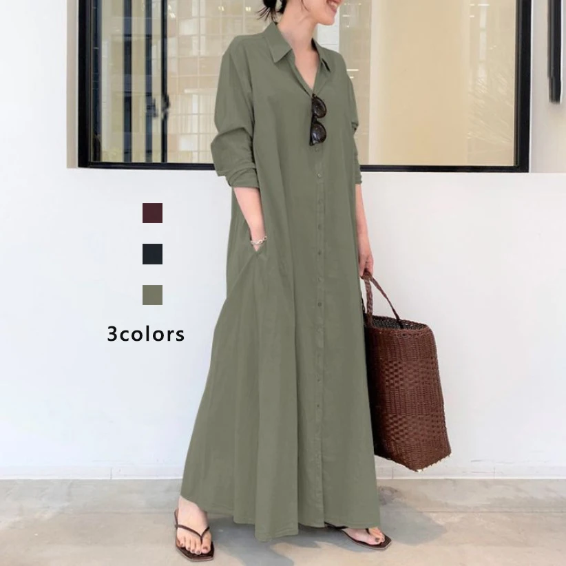 

Loose Fit Long Sleeve Shirt Dress Green Turn-down Collar Single Button Pocket Detail Korean Style Autumn New Arrival Casual L...