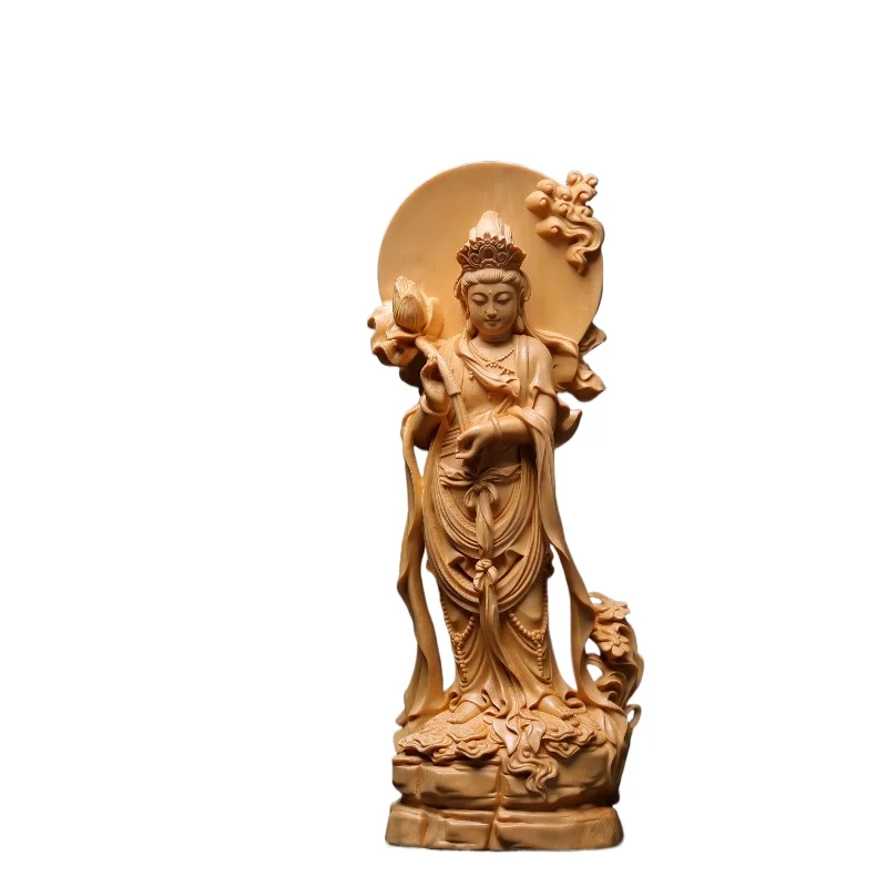 Hand-Carved Cypress Avalokitesvara Bodhisattva Statue - 11.8