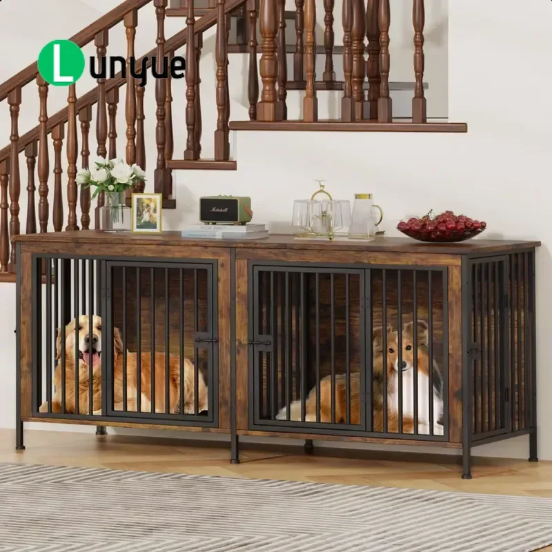 Double Dog Cage Wooden Kennel with Two Separate Compartments Multiple Doors Sturdy Furniture Style Indoor Outdoor Pet House