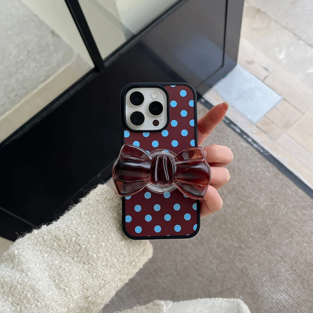 ريترو بسيط الأزرق موجة نقطة البني Bowknot مع حامل للصدمات واقية غطاء الهاتف آيفون 17 16 15 14 برو ماكس