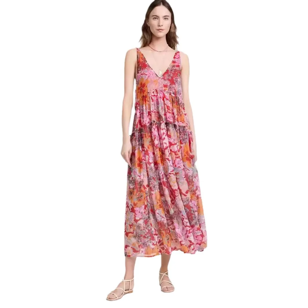 Women Spring Summer New Chiffon Flower Printing Sleeveless Long Loose Dress Casual Holiday Dress