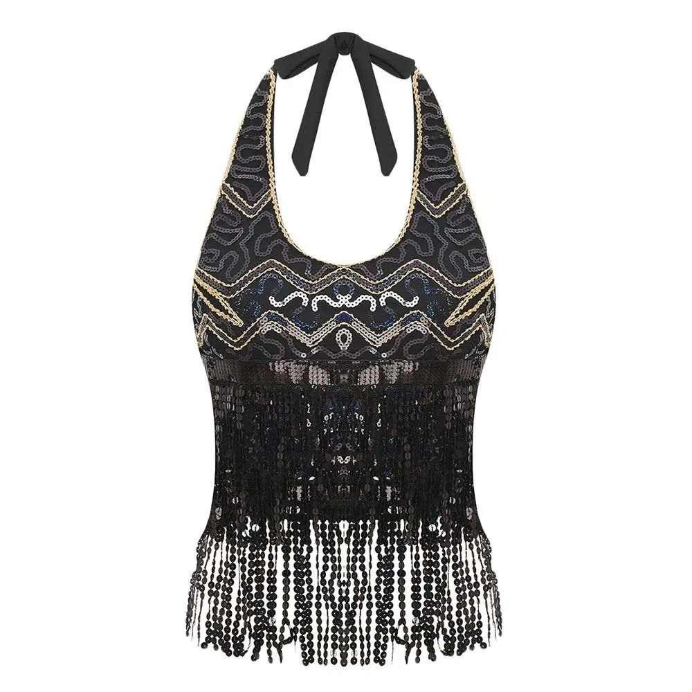 

Shiny Belly Dance Bra Tassel Halter Neck Latin Dance Top Sleeveless Dance Wear Stage Performance Top For Thailand/India/Arab