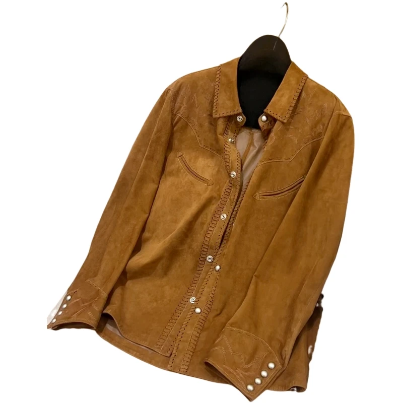 

Western Denim Vintage Shirt Leather Light Suede Embroidered Jacket Shirt Leather Coat 100% Natural Genuine Leather Suede