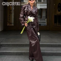 CHICEVER Pu Leather Two Piece Set For Women Lapel Long Sleeve Patchwork Lace Up Jacket High Waist Wide Leg Pants Female Clothing