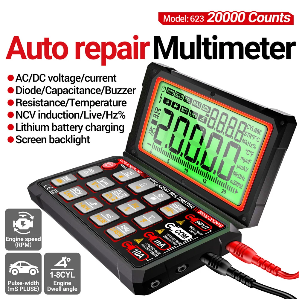 623 Auto Repair Multimete 20000 Counts Anti burn Digital AC/DC Voltage/Curren NCV Induction Diode Capacitance Buzzer Tester Tool