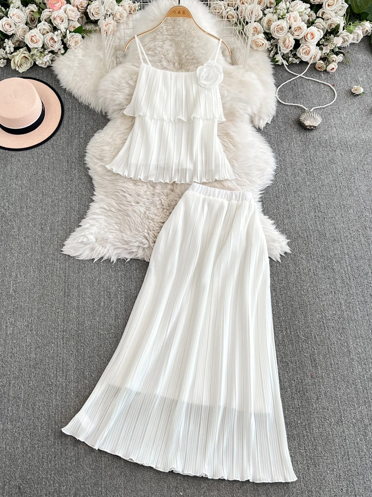 

White Gentle Wind 3D Flower Strap Vest Women Summer High-End Sweet Pleated Long Skirt Two-Piece Set V-Ne Svel
