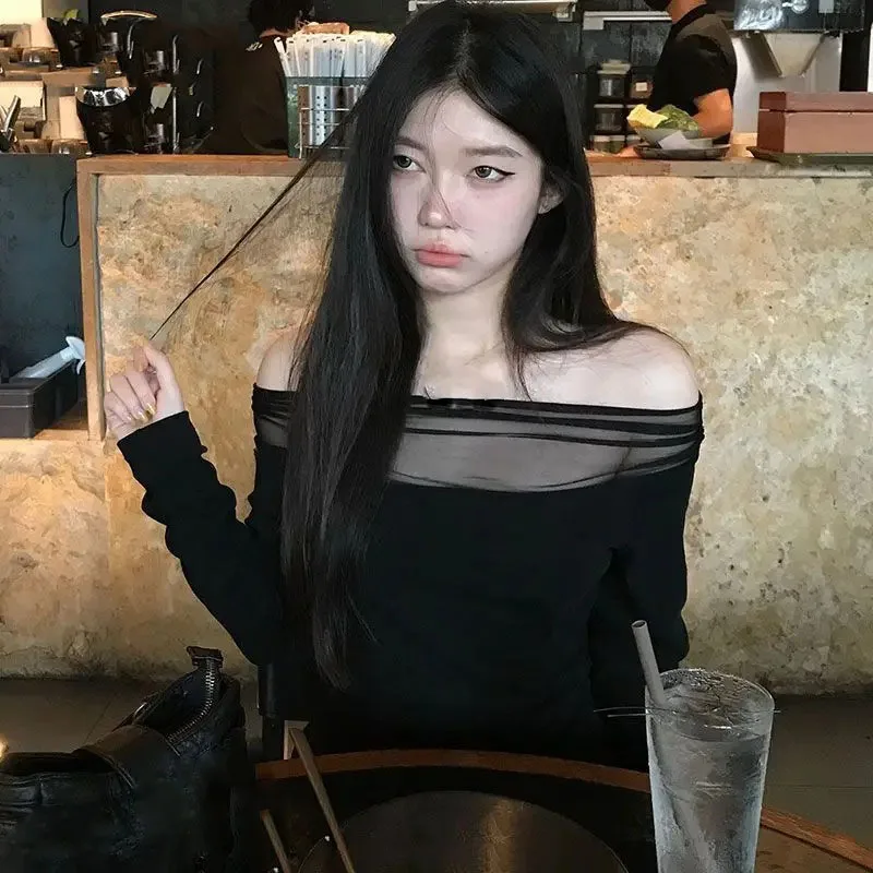 

T Shirts Women Autumn Winter Fashion Long Sleeve Slim Solid Off Shoulder Vintage Y2k Harajuku Tops Ladies Casual