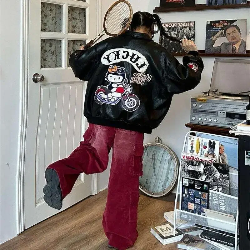حار Kawaii مرحبا كيتي الخريف الشتاء سترة جلدية للنساء الرجعية الكرتون سترة فضفاضة تنوعا دراجة نارية عارضة قمم سترة