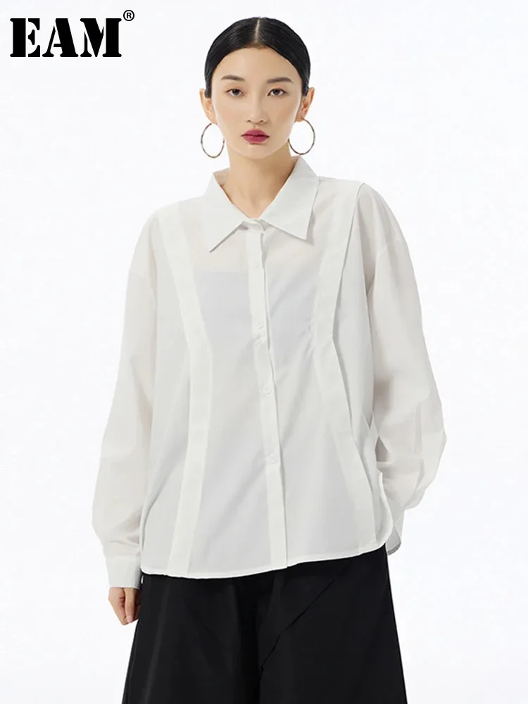 

[EAM] Women White Irregular Spliced Big Size Casual Blouse New Lapel Long Sleeve Shirt Fashion Tide Spring Autumn 2024 1DH6682