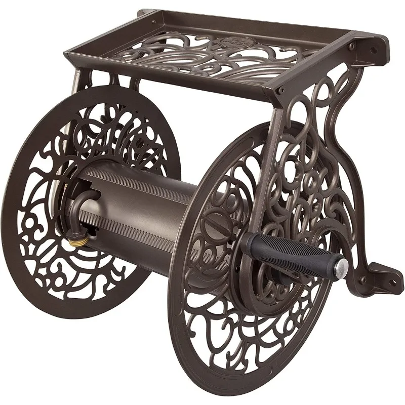 Carrete de manguera de jardín de montaje en pared de aluminio fundido decorativo 704, con capacidad para manguera de 125 pies de 5/8 pulgadas - Bronce