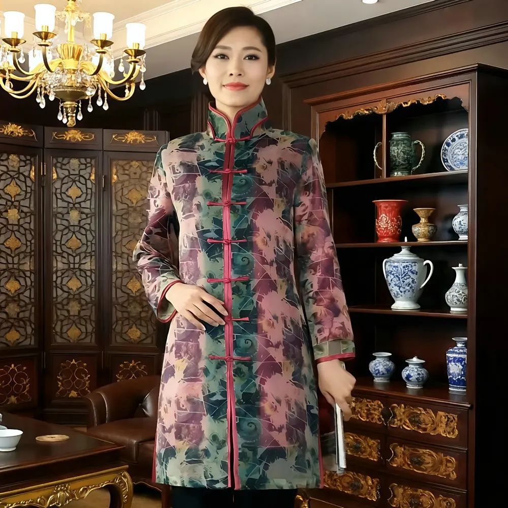 

Low-key Aesthetics Women Vintage Translucent Trench Coat Oriental Refinement Qipao Style Single Breasted Outerwear Print Oufits