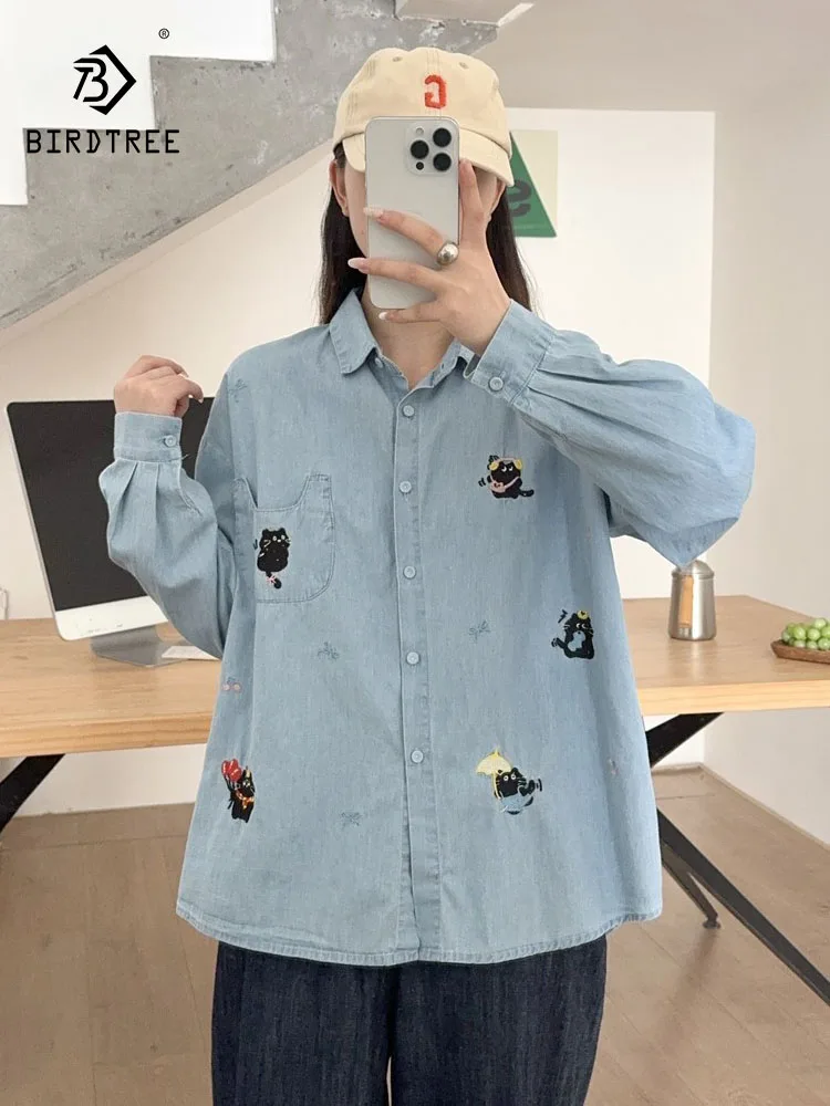 

New 2026 Spring Women Long Sleeve Denim Shirt, Turn-down Collar Embroidery, Mori Girl Japan Preppy Style Loose Blouse T62989CC