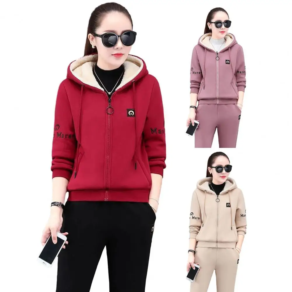 

Breathable Women Suit Stylish Women's Winter Tracksuit with Hooded Coat Drawstring Pants Plush Embroidery Cozy Trendy Functional