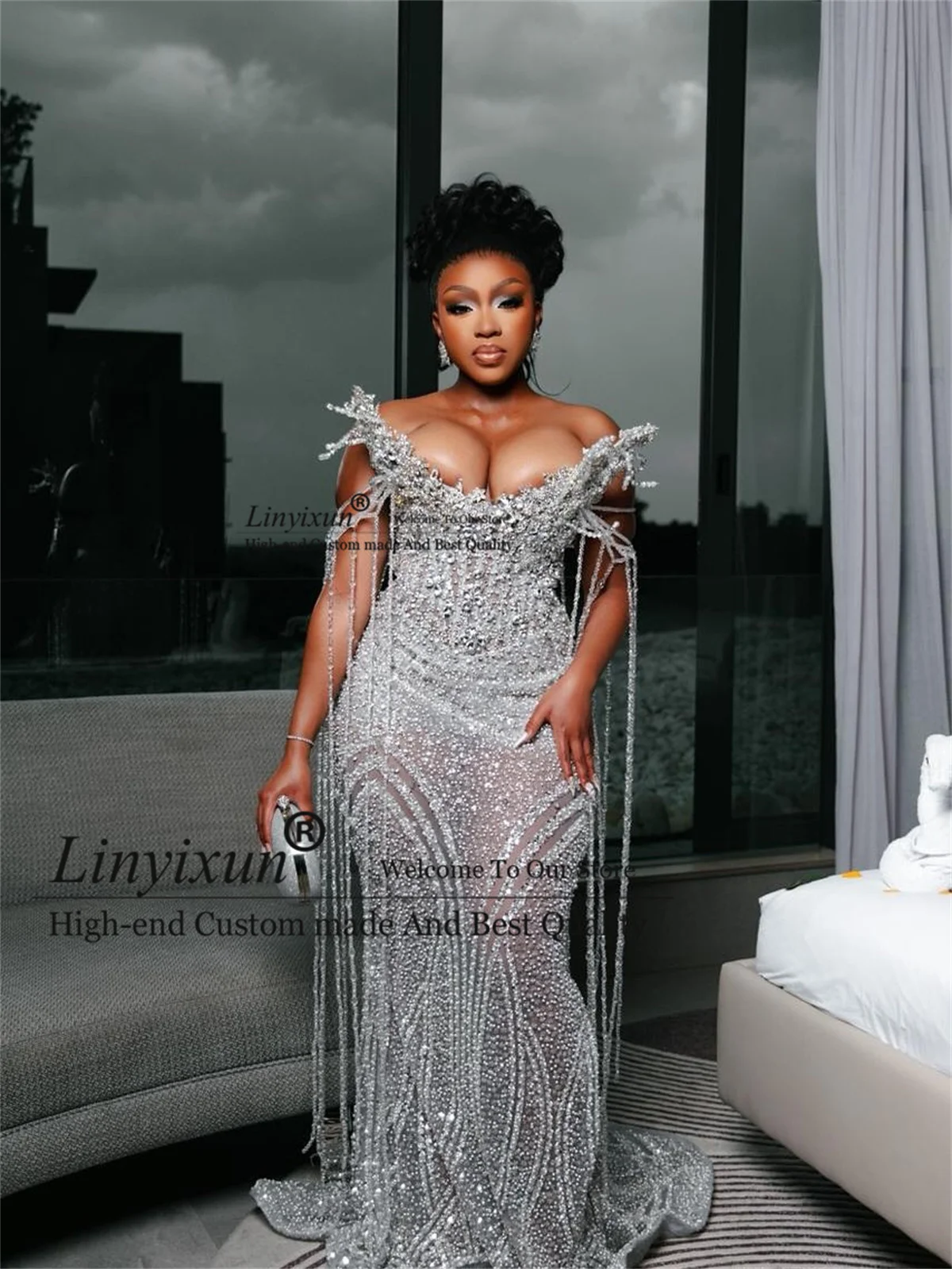 African Dubai Mermaid Prom Dress For Black Girl Glitter Rhinestones Crystal Tessal robes de soirée Customized Evening Party Gown image 3