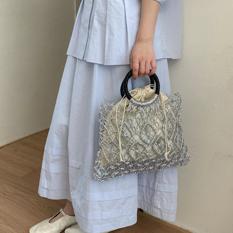 Women's Small Woven Mesh Ring Short Handle Drawstring Handbag Elegant Daily Beach Party Shoulder Bags 2026 New Luxury Tote Bag