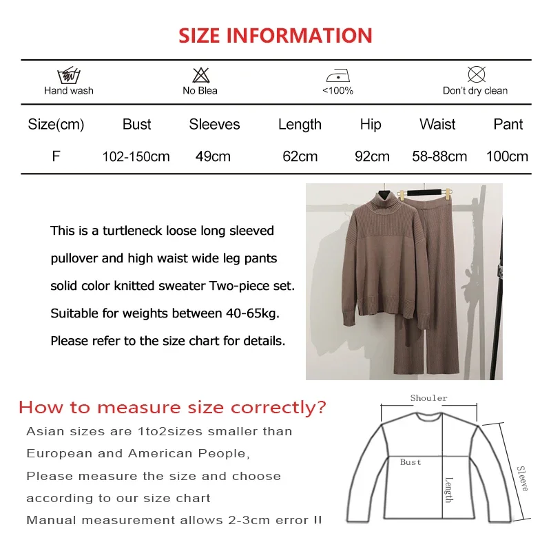 Women Casual Fall Solid Sweater Two-piece Set Turtleneck Long Sleeved Loose Pullover+High Waist Wide Leg Pants Winter Knit Suit