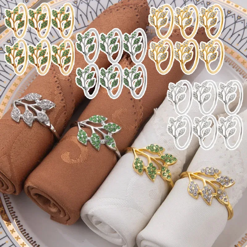 Rhinestone Napkin Ring Green Leaf Table Decor Metal Napkin Holder Hotel Banquet Supplies Luxury Table Setting