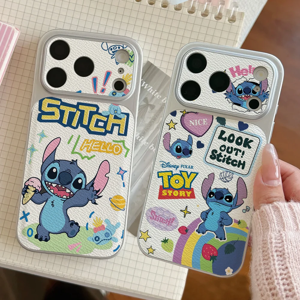 

Disney Lilo Stitch Couples Phone Case For IPhone 17 16 15 14 Electroplated Leather Shockproof Phone Accessories 13 12 11 Casing