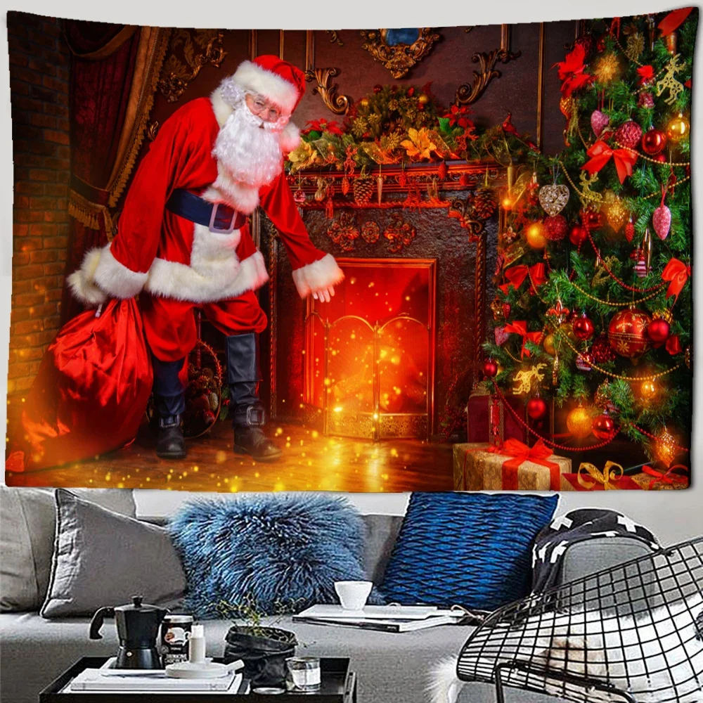 

Santa Claus Christmas Tapestry Christmas Tree Wall Decoration Background Fabric Red Stove Tapestry Holiday Happy New Year