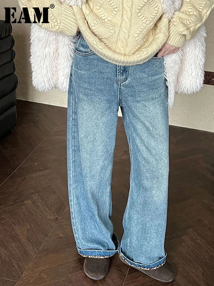 [EAM] High Waist Blue Denim Thic With Velvet Long Wide Leg Jeans New Women Trousers Fashion Tide Autumn Winter 2024 1DH8190