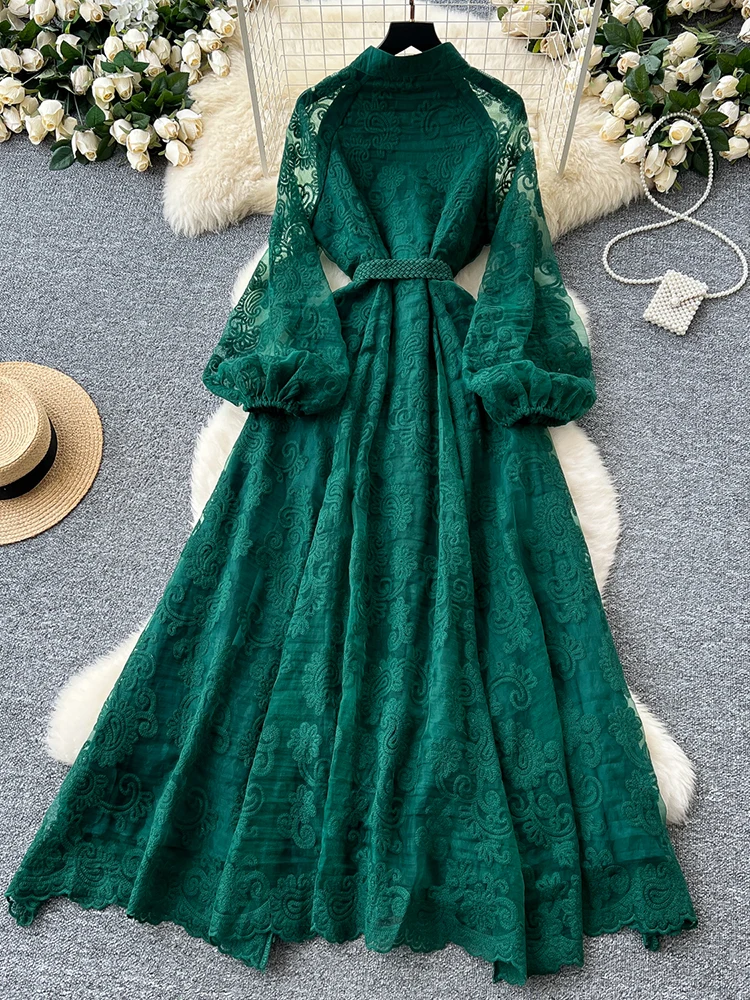 봄 여름 유럽 미국 스탠드 칼라 싱글 브레스트 레이스 드레스 여성 우아한 자수 대형 스윙 롱 드레스 C205