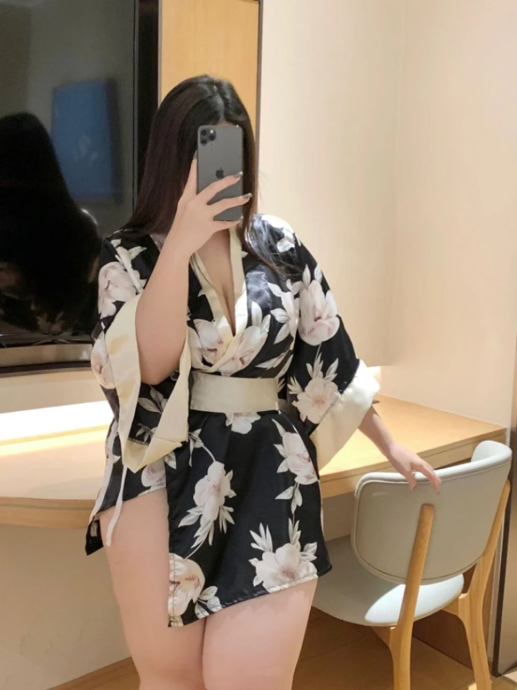 Plus Size Sexy Lingerie Sakura Kimono Lovely Japanese Cosplay Uniform Roleplay Robe Floral Bathrobe Short Night Dressing Gown