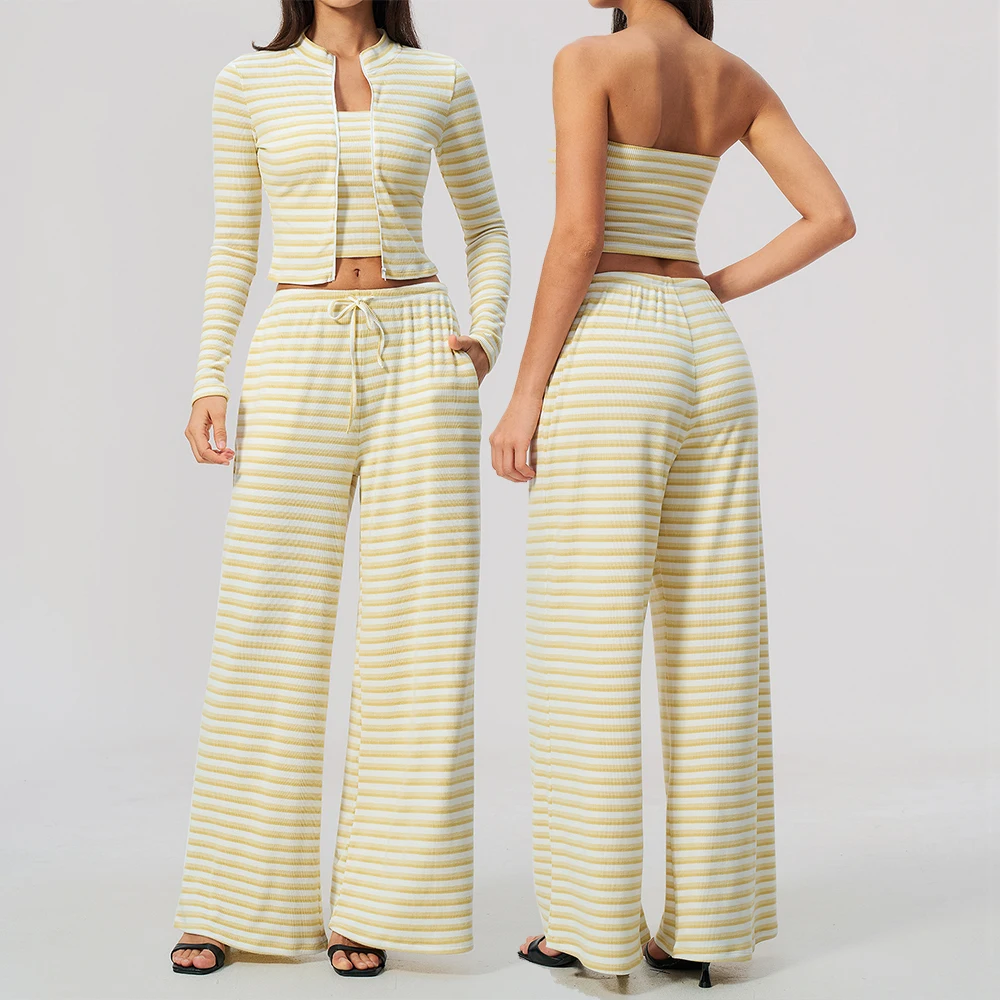 Women 2/3pcs Yoga Set High Waist Striped Long Sleeve Zip Jacket Tube Top Wide Leg Pants Outfits Workout Gym Running Fitness Suit