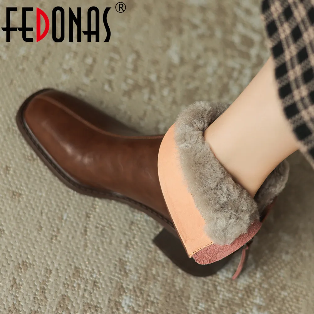 FEDONAS Classic Women Ankle Boots Square Toe Thick Heels Genuine Leather Shoes Woman Autumn Winter Warm Wool Basic Office Lady