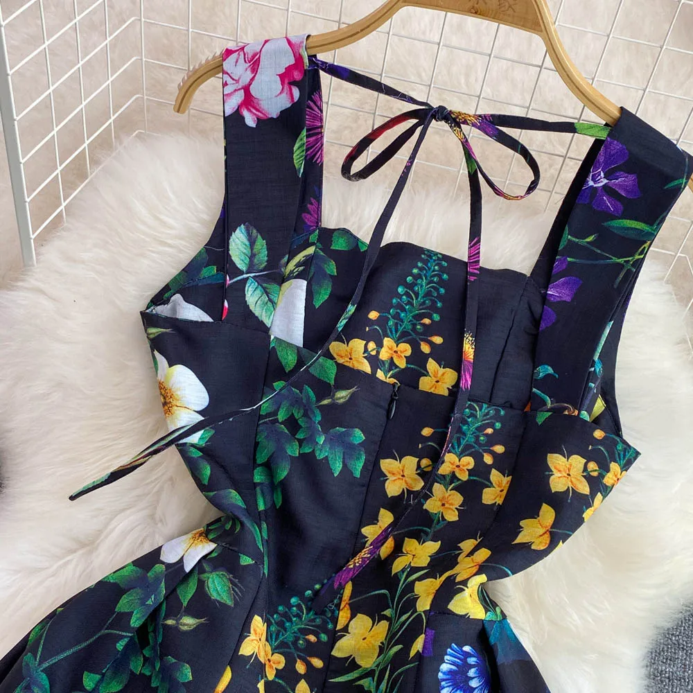 Vintage High Waist Spaghetti Strap Dress for Women Slash Neck Off Shoulder Bow Backless Floral Print Midi Long Party Vestidos