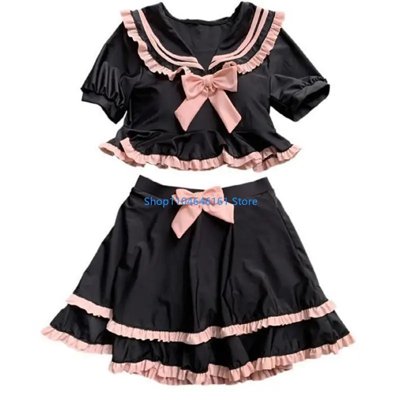 School Girl Swimsuit Top Skirt Set Two Pcs Swimwear Bows Bathing Suit Swimming Costume Set for Beachwear