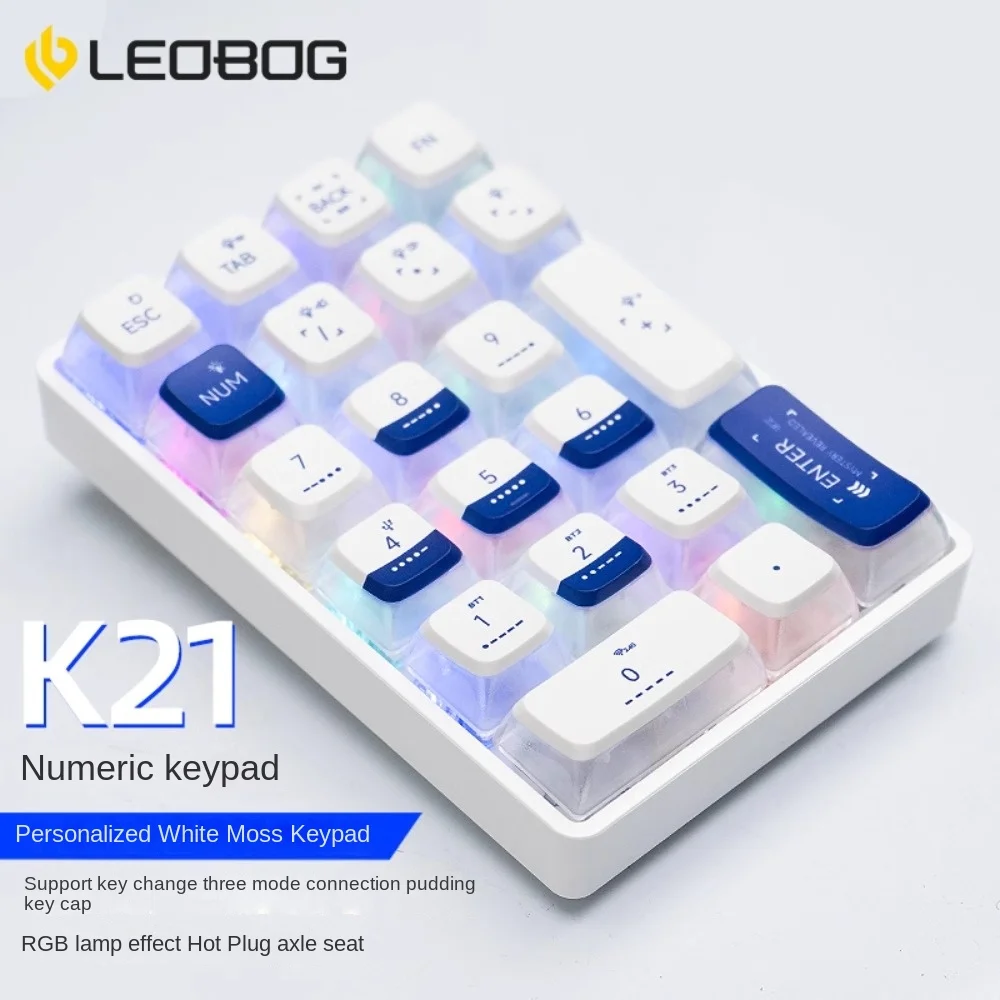 Imagem -06 - Leobog K21 Teclado Numérico Transparente sem Fio Modo Triplo Mecânico Personalizado Almofada Troca Quente Kit Bluetooth Teclado Contabilidade