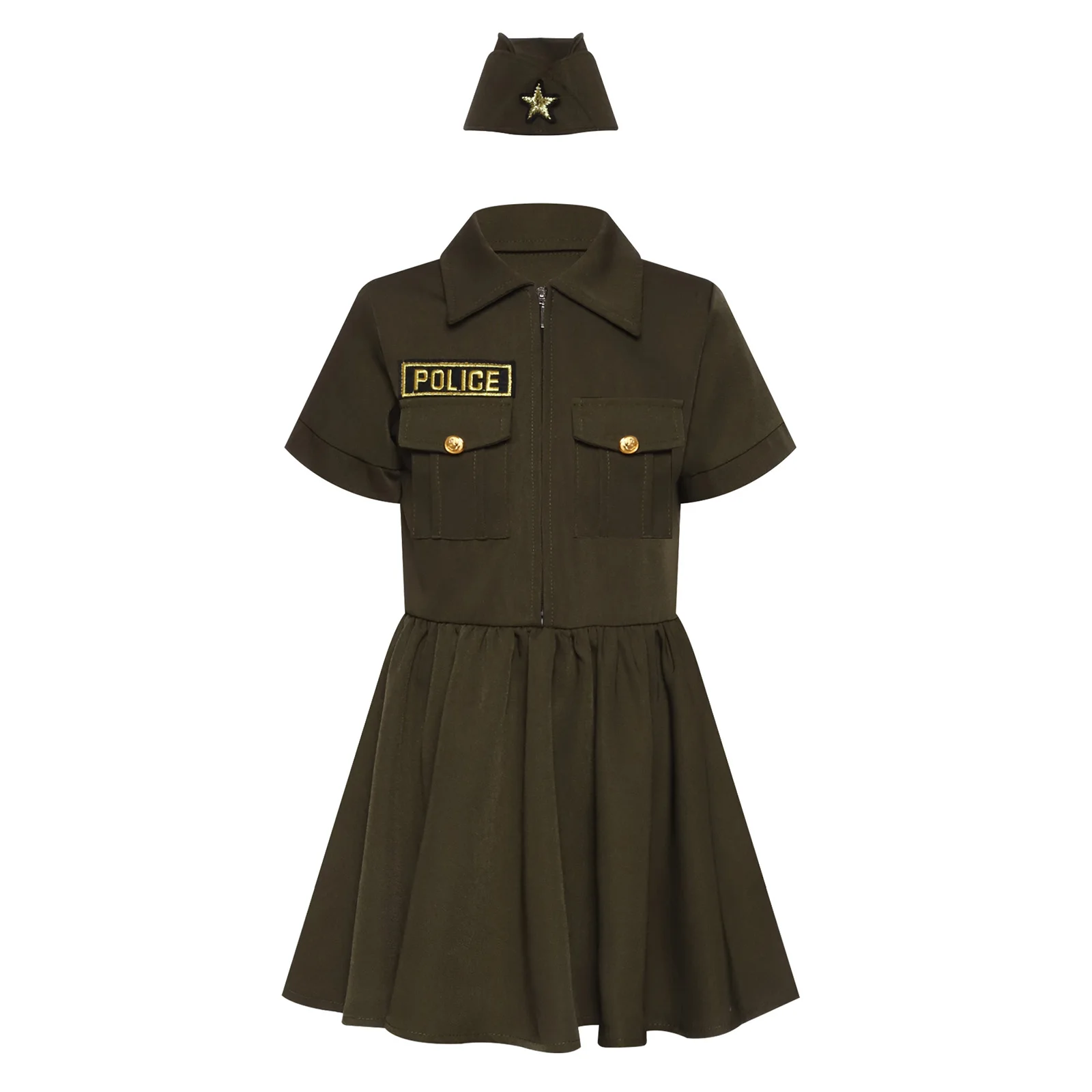 

Adventure Ready Pilot Outfit Girls Aviation Dress with Hat Short Sleeve Design Flap Pocket Details Front Zip Cosplay Essential