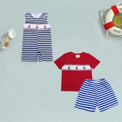 Boutiqe Hand Smock Baby New Cotton Romper Short Sleeved Red T-shirt Set Neck Boat Pattern Boy Top Clothes And Green Boy Set