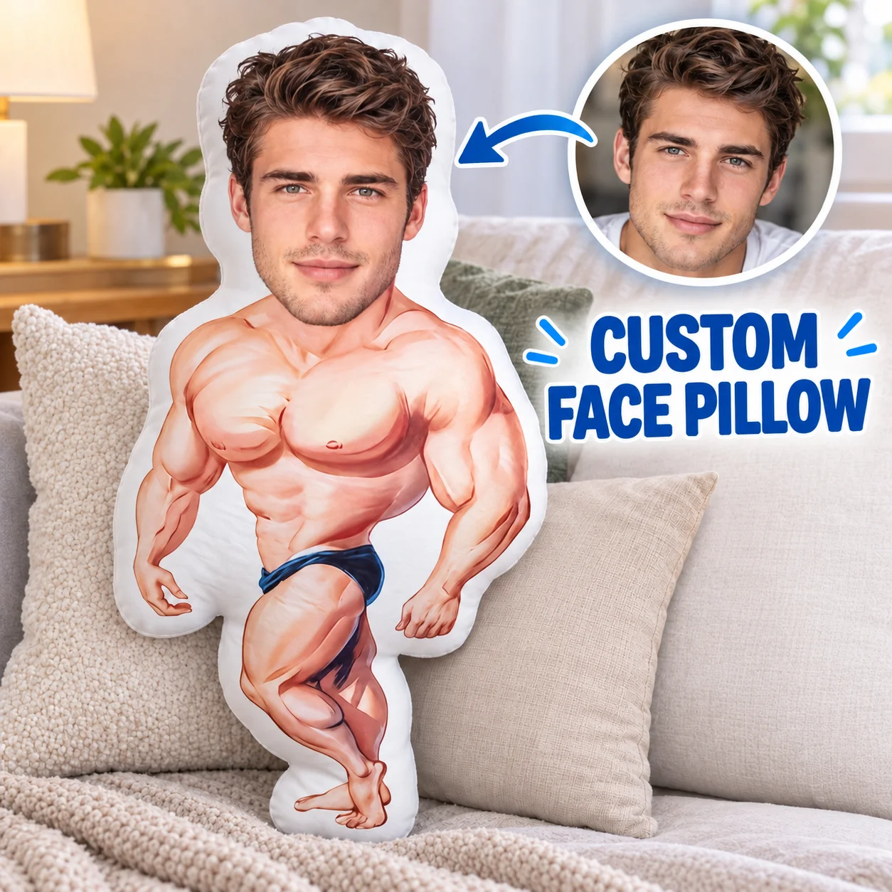 Custom Face Muscle Man Pillow Personalized Photo Human Shape Plush Cushion Unique Valentine Birthday Gift for Girlfriend Wife