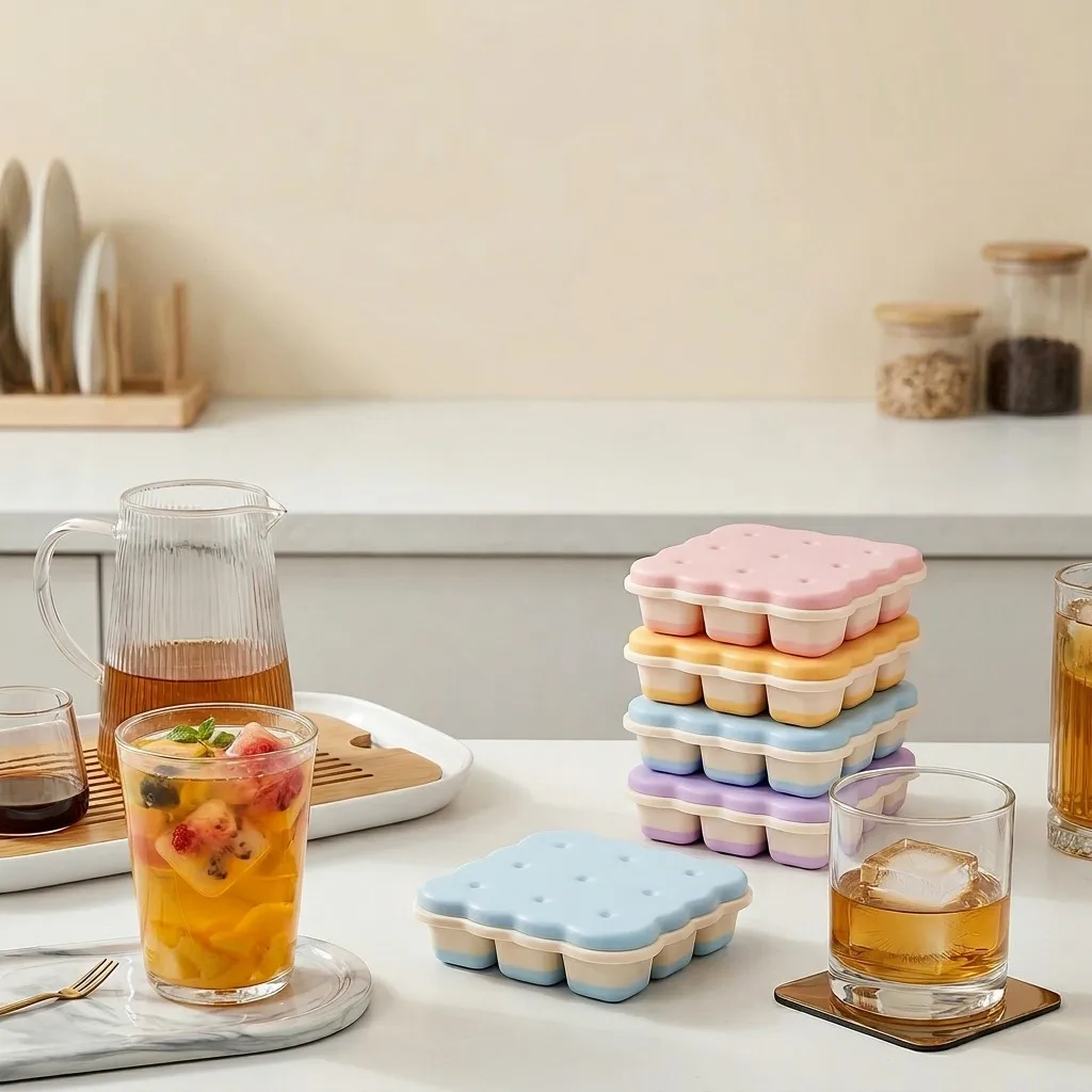 Cookie Shaped Plastic Ice Cube Tray With Lid Reusable 9 Grids Ice Mold Kitchen Bar Tools Ice Cube Mould For Whisky Cold Drink