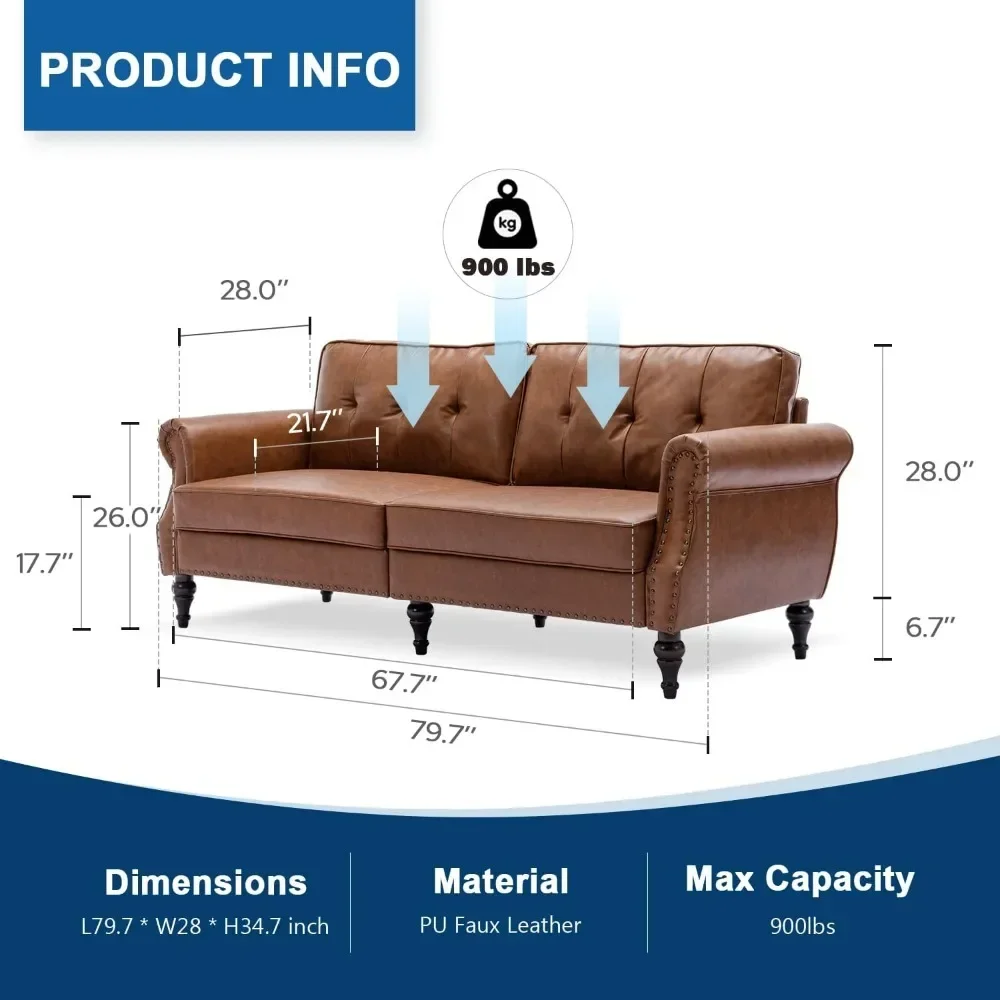 80” Leather Faux Sofa, Mid-Century Modern Couch with Soft , Perfect Furniture for Living Room, Bedroom, Small Space.(Brown)