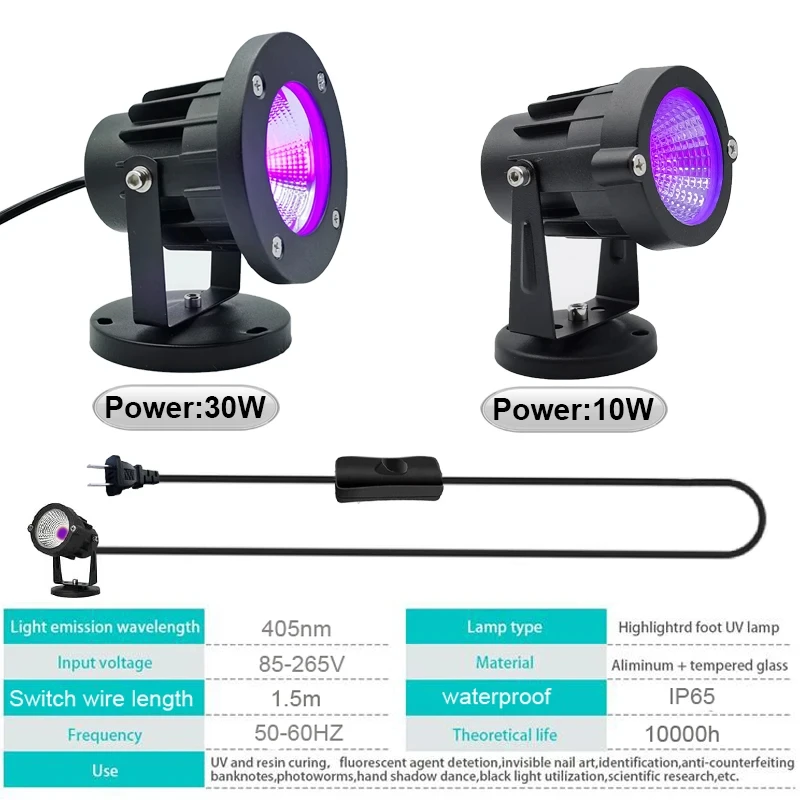 Lampe LED UV portable avec interrupteur et prise de fil, lampe à polymériser les ongles en gel ultraviolet, imprimante 3D SLA DLP, 10W, 30W, 405nm, 1.5m