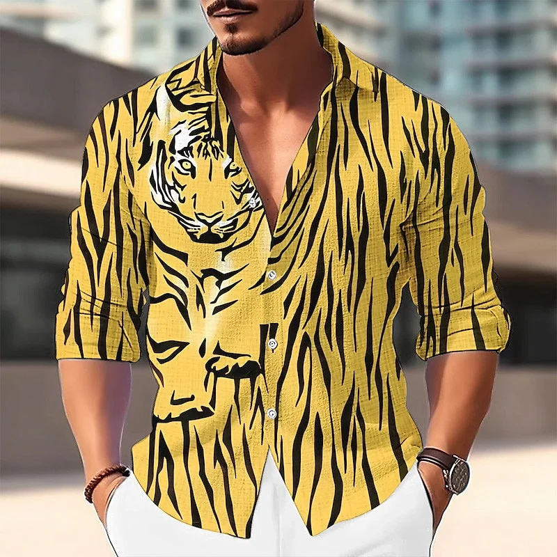 Men's shirt animal tiger pattern print lapel yellow pink blue sky blue purple outdoor street long sleeve print clothing apparel