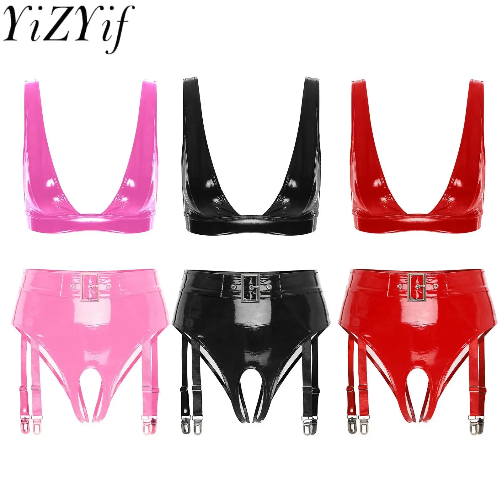 

Sexy Women Leather Lingerie Outfits Open Cup Bra Crop Top And Open Crotch Panties Wetlook Latex Leather Rave Pole Dance Clubwear