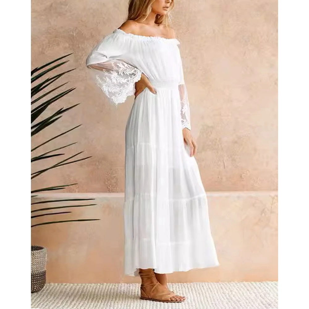 Women Off Shoulder Contrast Lace Dress Lady Flare Sleeve Elegant White Long Dress Summer Casual New In Clothing Korean Style