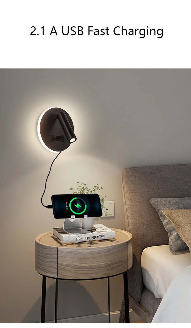 Modern Minimalist Led Wall Lamp USB Charging Indoor Bedroom Lamp Hotel Bedside Reading Lamp Wall Lights Sconce Switch AC 90~240V