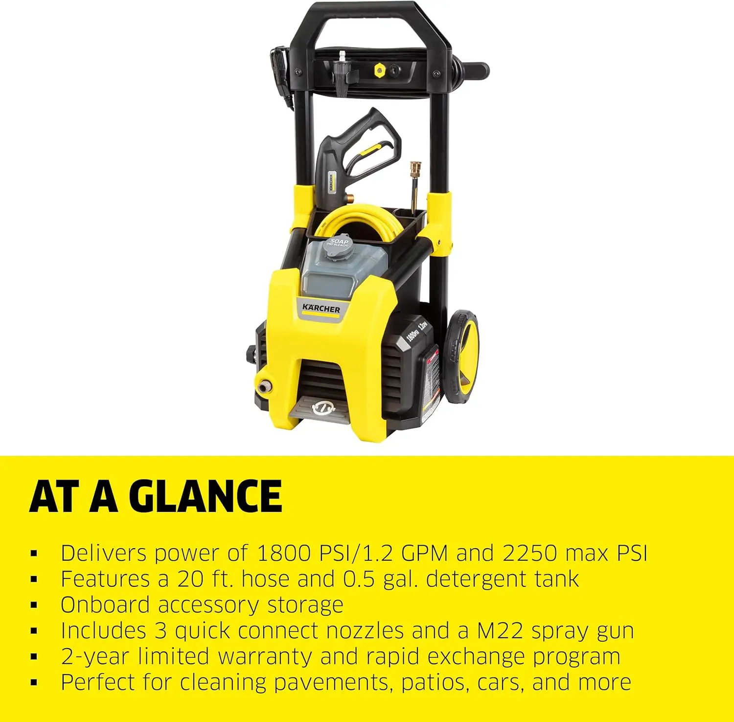 Kärcher K1800PS Max 2250 PSI Electric Pressure Washer with 3 Spray Nozzles - Great for cleaning Cars, Siding, Driveways,