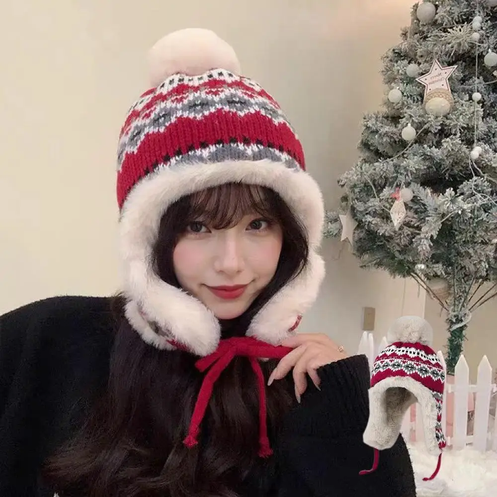 Hot Ethnic Jacquard Soft Striped Spliced Knitted Hat Coldproof Thickened Fluffy Fleece Earflap Hat Skiing Hiking Outdoor Caps